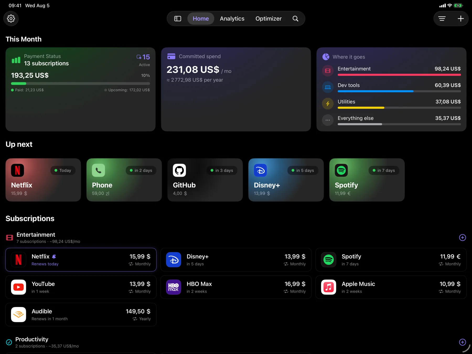 Recurred on iPad showing the home dashboard: the month's total, spending by category, upcoming charges and every subscription grouped by type, all on one screen