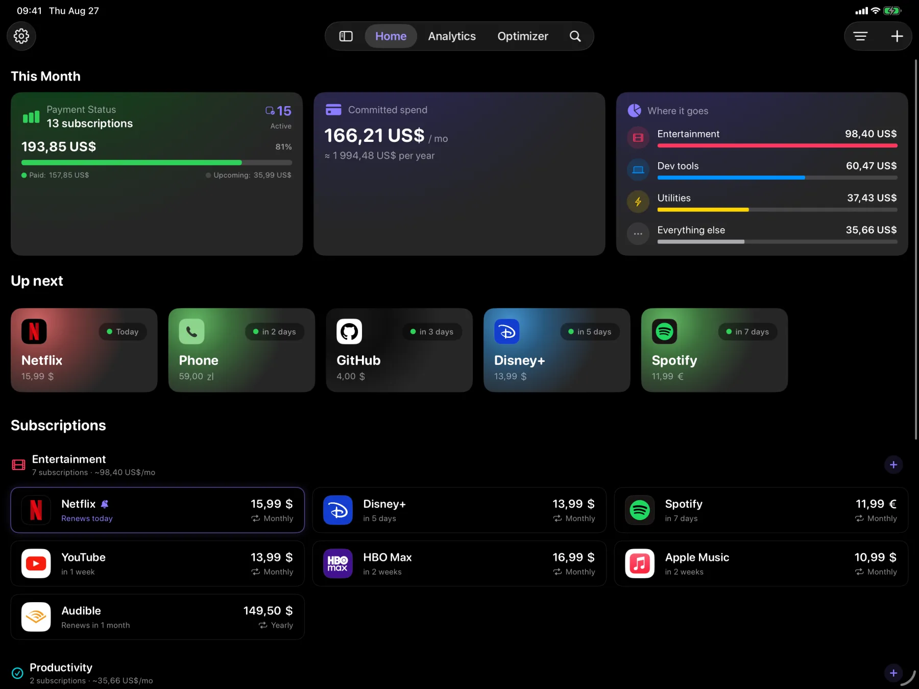 The same Recurred home dashboard on iPad