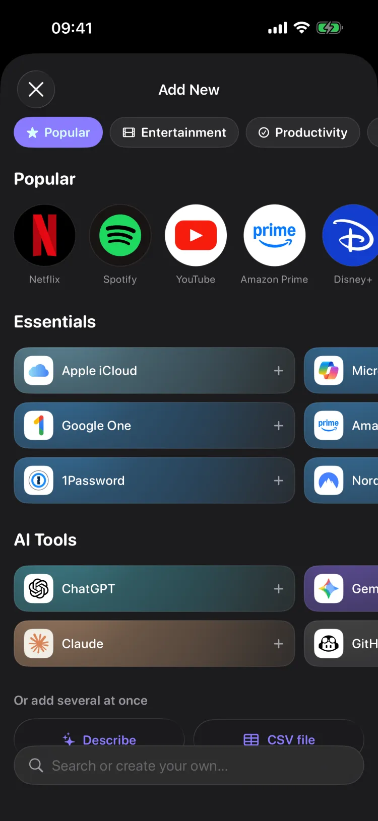 Recurred add-subscription screen with a grid of popular services to pick from