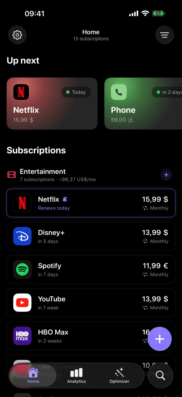 Recurred home screen listing upcoming charges and all subscriptions