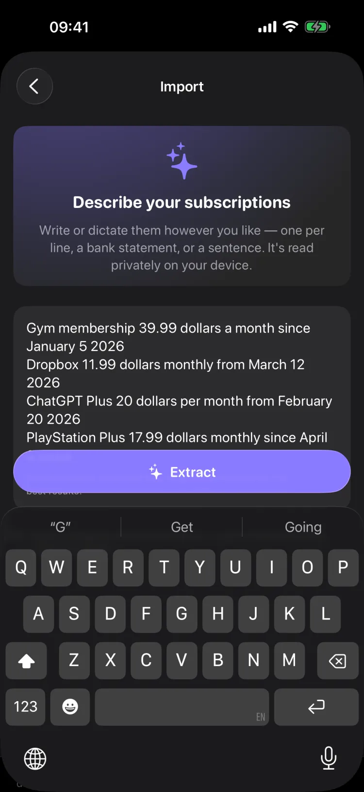 Recurred import screen where several subscriptions are described in a sentence for the app to extract