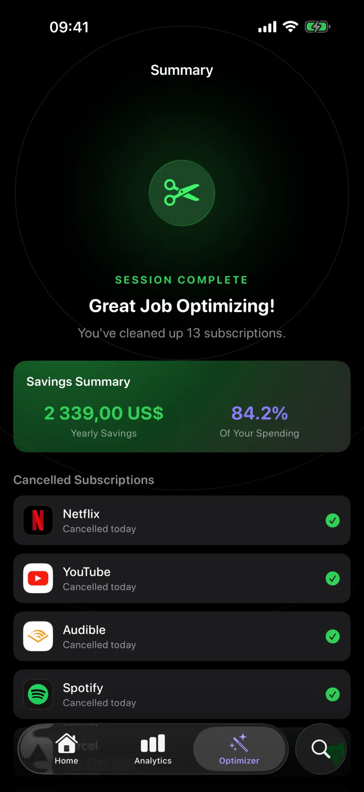 Recurred Optimizer summary showing the yearly saving from the subscriptions you cancelled