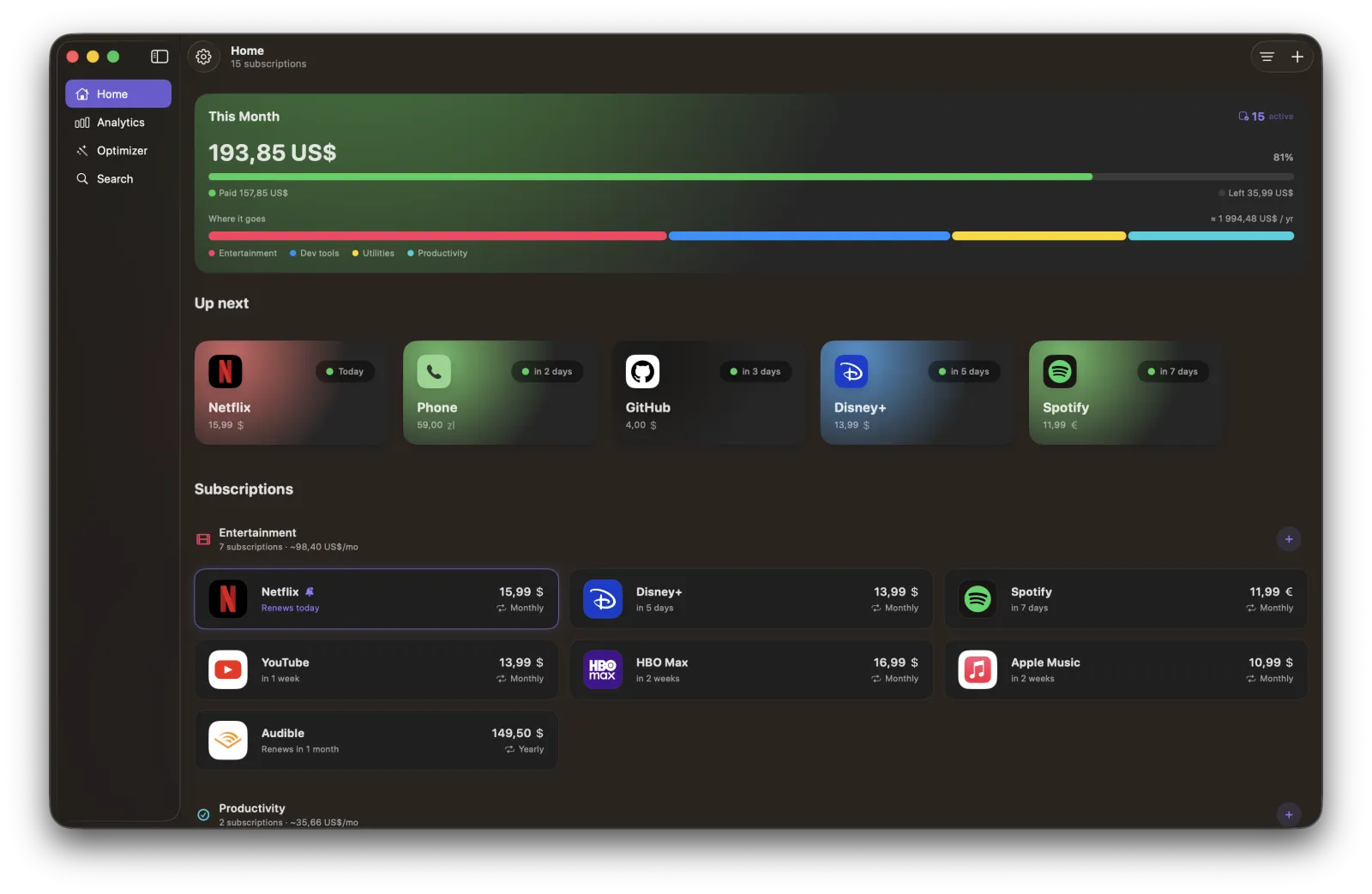 Recurred as a native Mac app: the home dashboard with this month's total, upcoming charges and every subscription in a resizable window