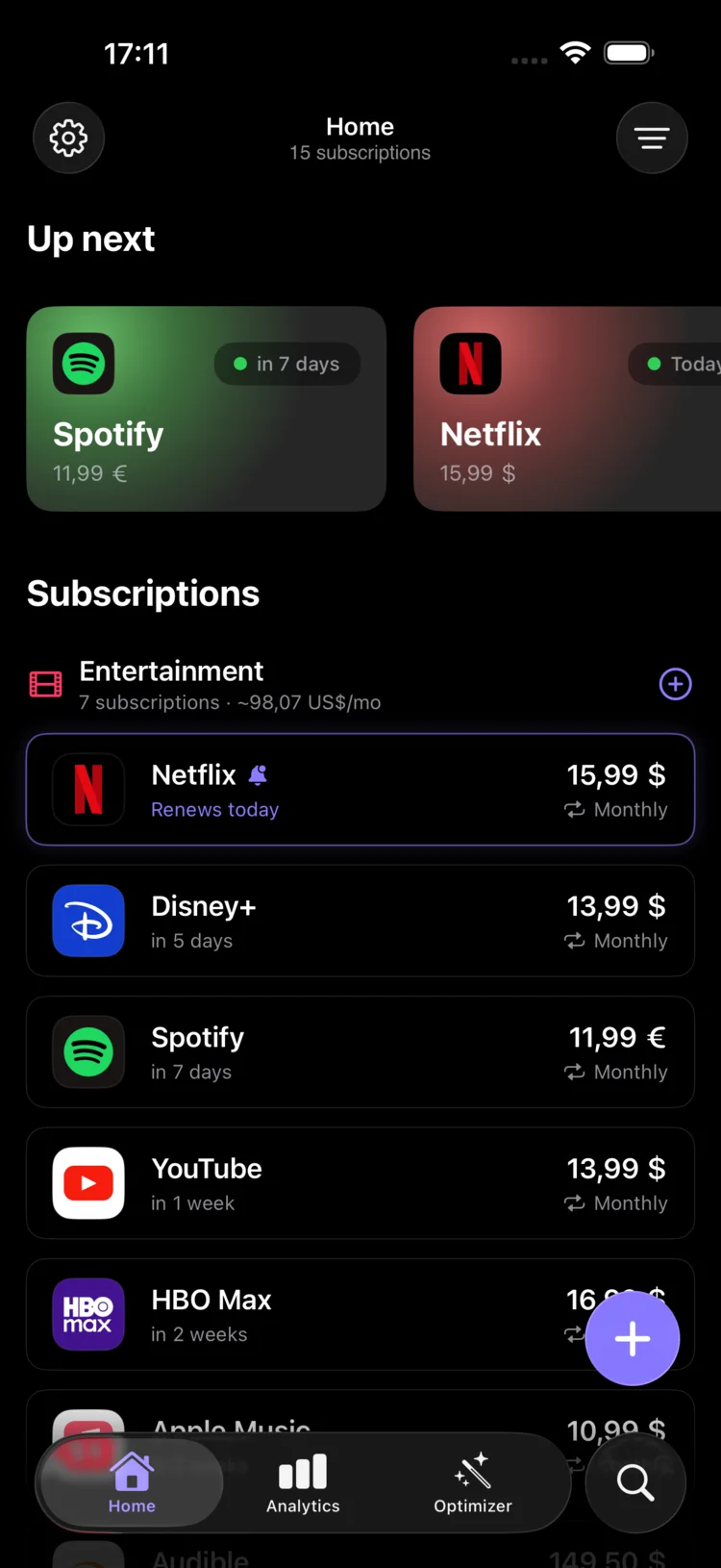 Recurred home screen listing upcoming charges and all subscriptions
