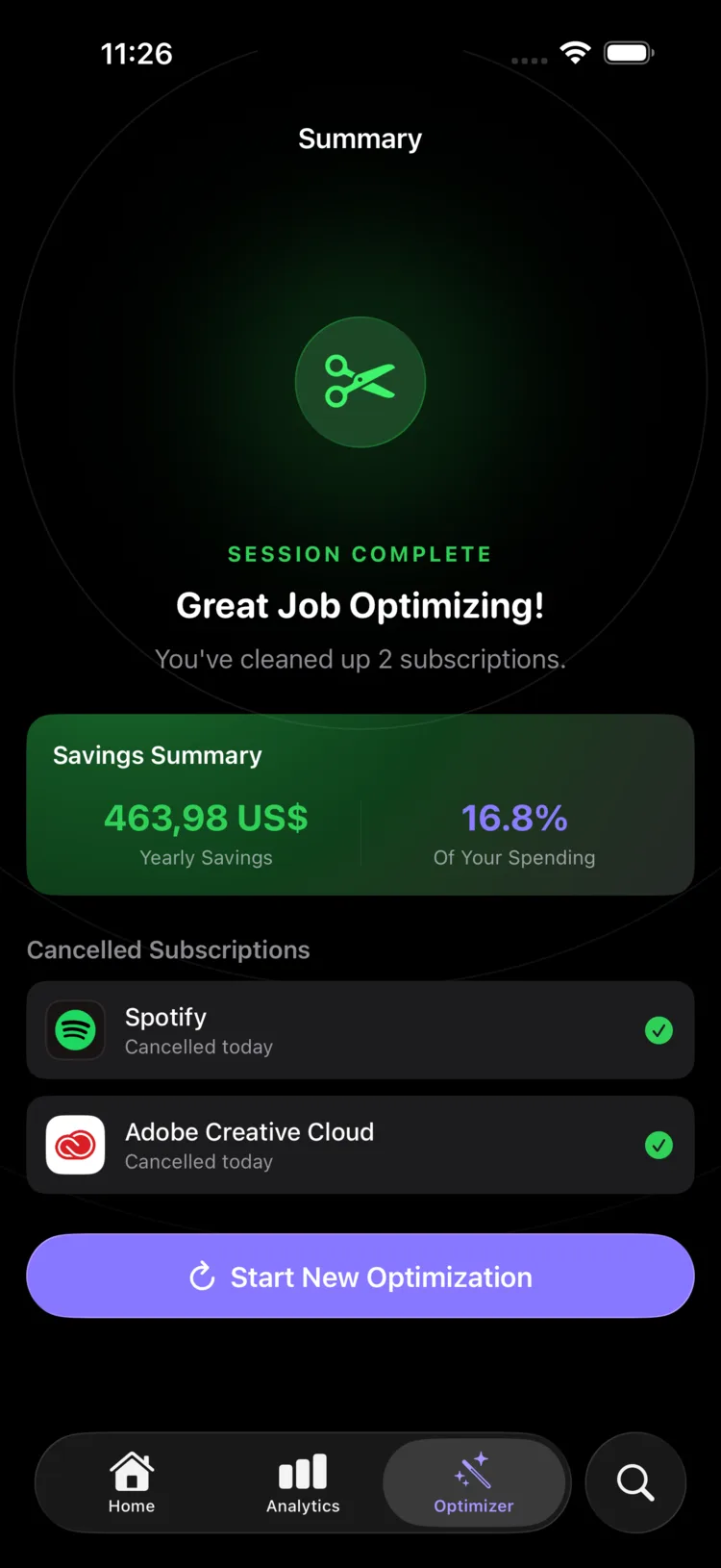 Recurred Optimizer summary showing the yearly saving from two cancelled subscriptions