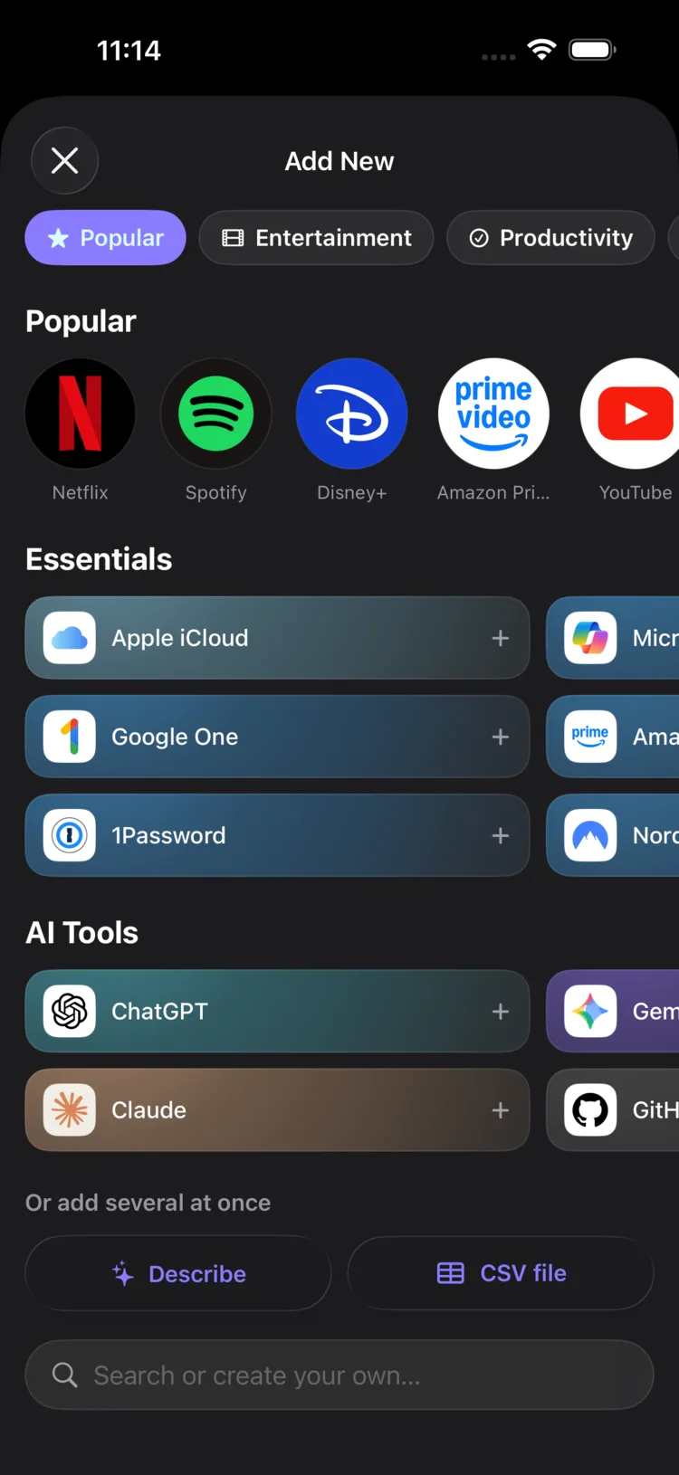 Recurred add-subscription screen with a grid of popular services to pick from